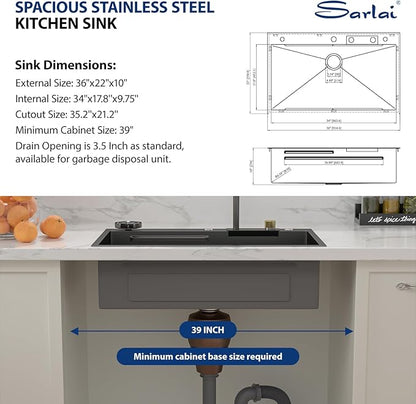 Sarlai 36 Inch Waterfall Kitchen Sink Workstation - 36x22 Black Waterfall Drop In Sink Stainless Steel 16 Gauge Sink Multifunction Single Bowl Smart Top Mount Kitchen Sinks with Faucet Combo