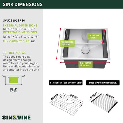 23-inch Undermount Laundry Utility Sink - 23x19x13 Extra Deep Stainless Steel Single Bowl Basin with Drain Strainer, Bottom Grid & Drying Unit for Laundry Room, Outdoor, Garage, Kitchen Use
