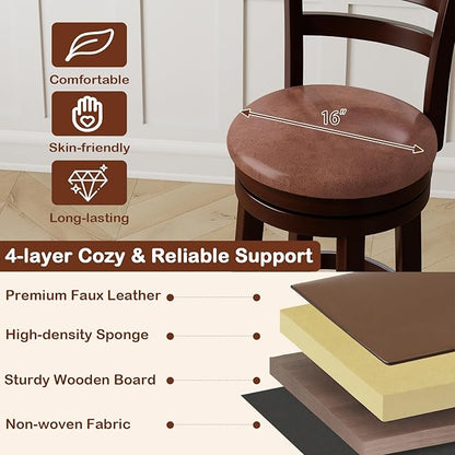 Giantex Swivel Bar Stools Set of 2, 30" Upholstered Counter Height Bar Chairs w/High Backrest, Faux Leather Seat, Solid Rubber Frame & Wrap-Around Footrest, Wooden Barstools for Kitchen Island, Pub