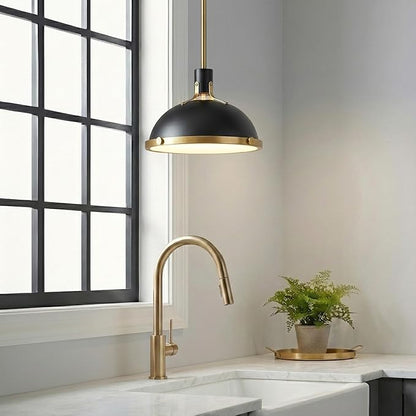 12.7 Inch Black and Gold Modern Pendant Lights, Industrial Dome Kitchen Island Pendant Lighting, 1-Light Small Ceiling Hanging Light Fixture with Opal Glass Diffuser, Over Sink Table Bar Hall