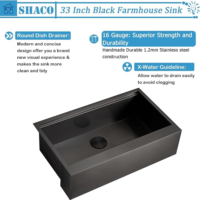 SHACO 33 Inch Black Farmhouse Sink, 33x20 Gunmetal Black 16 Gauge Stainless Steel Single Bowl Workstation Flat Apron Front Farm Kitchen Sink with Cutting Board