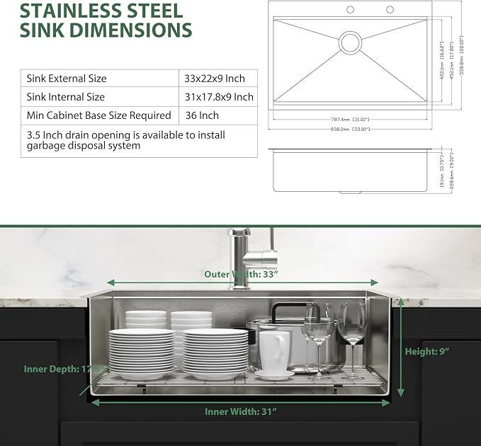 33x22 Drop In Kitchen Sink Workstation - Couoko 33 Inch 16 Gauge T304 Stainless Steel Drop In Sink Large Deep Handmade Single Bowl Kitchen Sinks with Accessories, 33"x22"x9"