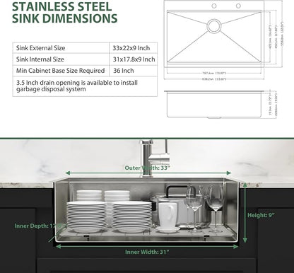 33x22 Drop In Kitchen Sink Workstation - Couoko 33 Inch 16 Gauge T304 Stainless Steel Drop In Sink Large Deep Handmade Single Bowl Kitchen Sinks with Accessories, 33"x22"x9"