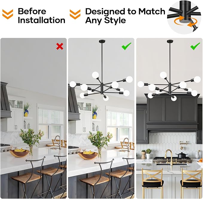MQMQA Sputnik Chandeliers Dining Room Light Fixture (10-Light, 32-Inch), Modern Black Chandelier, Height Adjustable Mid Century Modern Chandeliers for Dining Room Kitchen Island (Bulbs Not Included)