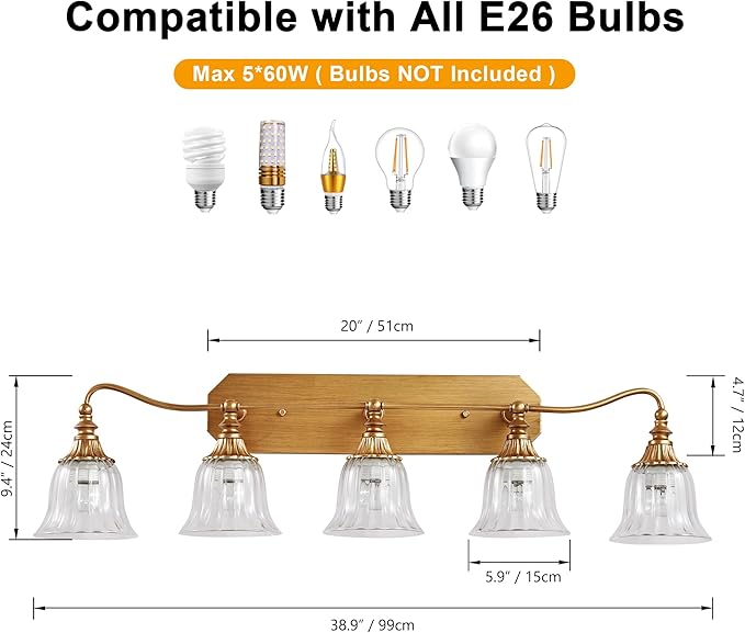 LmnLvn Bathroom Vanity Gold Light Fixture, 5 Lights Bathroom Lighting Matte Antique Brass Finish with Crystal Glass Shade, Gold Vintage Vanity Light for Bathrooms