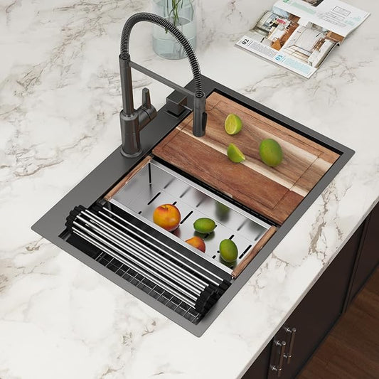 30x22 Black Drop In Kitchen Sink Workstation 16 Gauge Stainless Steel Single Bowl Drop Kitchen Sinks Nano PVD Gunmetal Black Handmade Large Deep Topmount Sinks, 30x22x9 Inch