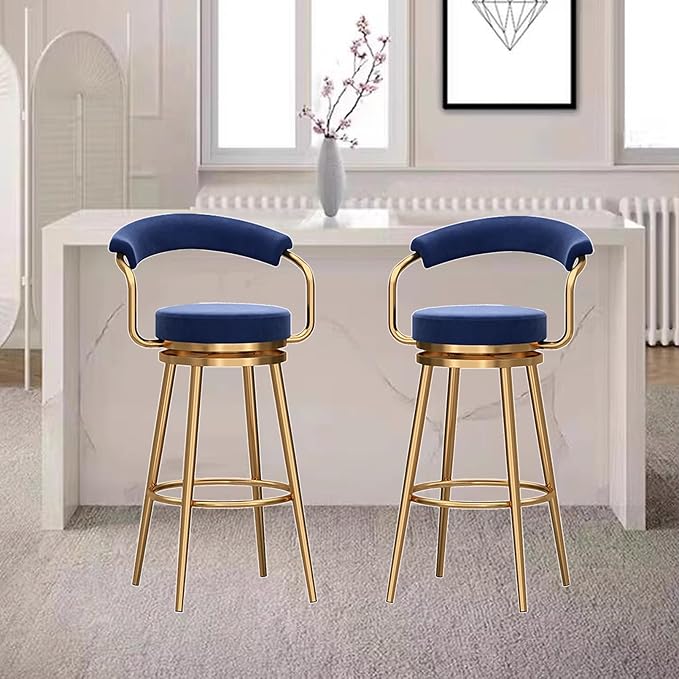 Round Height Stools of 1, Velvet with Open Back, Tall Armless Chairs, stools Metal Frame for Kitchen Island, Seat 75cm, Blue (1pcs Seat Height 65cm)