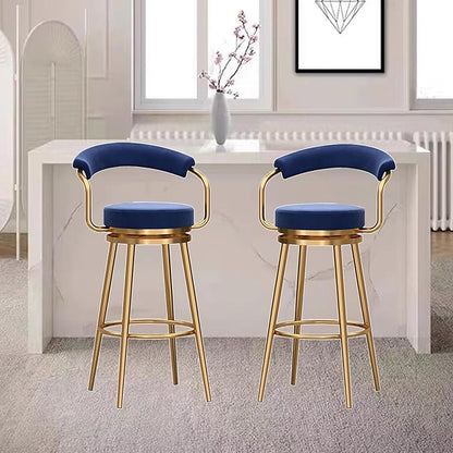Round Height Stools of 1, Velvet with Open Back, Tall Armless Chairs, stools Metal Frame for Kitchen Island, Seat 75cm, Blue (4pcs Seat Height 75cm)
