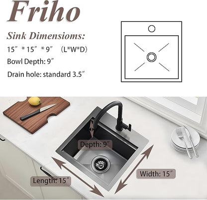 Friho Drop in Black Bar Sink, 15 x 15 Inch Stainless Steel Single Bowl Topmount Kitchen Sink, Handmade Bar Prep Sink,Outdoor Rv Single Bowl Kitchen Bar Sink with Cutting Board