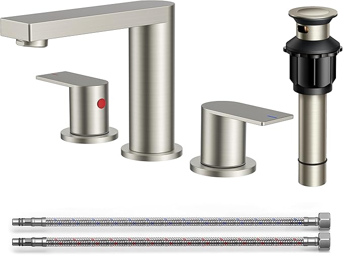 FORIOUS Brushed Nickel Bathroom Faucets 3 Hole, 8 Inch Widespread Bathroom Sink Faucet with Pop-up Drain and Cupc Supply Lines, 2-Handle for Vanity, Hotel Restroom