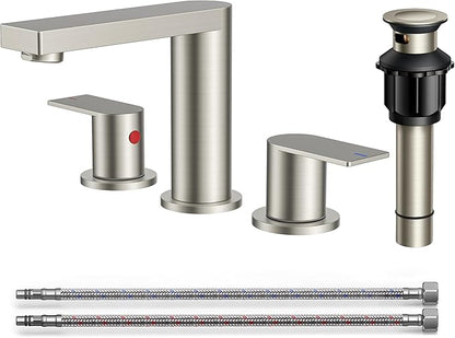 FORIOUS Brushed Nickel Bathroom Faucets 3 Hole, 8 Inch Widespread Bathroom Sink Faucet with Pop-up Drain and Cupc Supply Lines, 2-Handle for Vanity, Hotel Restroom