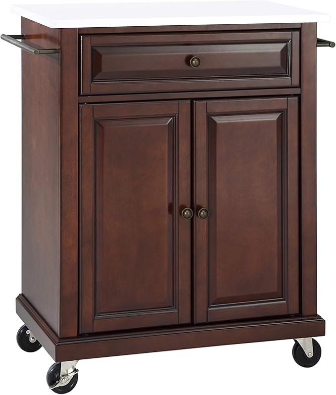 Crosley Furniture Compact Stone Top Small Rolling Cart with Shelves, Microwave Stand with Towel Rack, Mahogany