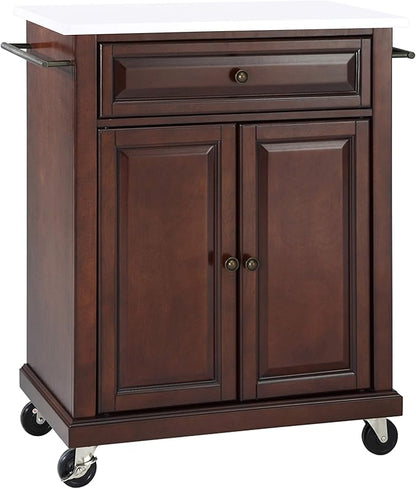 Crosley Furniture Compact Stone Top Small Rolling Cart with Shelves, Microwave Stand with Towel Rack, Mahogany
