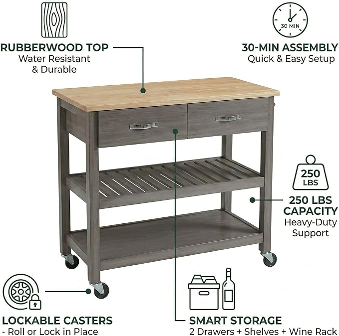 Casaphoria Amanda Collection Solid Wood Kitchen Island, 42" Butcher Block Cart with Rubberwood Top & Locable Wheels, Prep Table for Small Spaces (Weathered Gray)