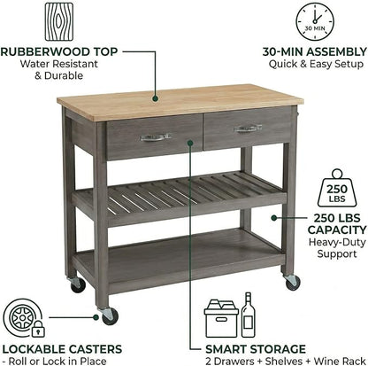 Casaphoria Amanda Collection Solid Wood Kitchen Island, 42" Butcher Block Cart with Rubberwood Top & Locable Wheels, Prep Table for Small Spaces (Weathered Gray)
