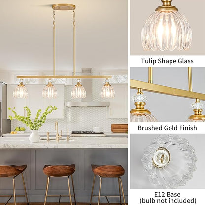 Gold Island Light for Kitchen, 4-Light Linear Chandelier for Kitchen Island with Tulip Glass Shades, Brushed Gold Finish Hanging Light Pendant Fixture Over Dining Table
