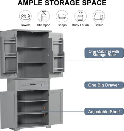 Storage Pantry Cabinet with Door and Shelf Organizer, Kitchen Cupboard for Entryway, Living Room or Bathroom, Adjustable Shelves, Gray