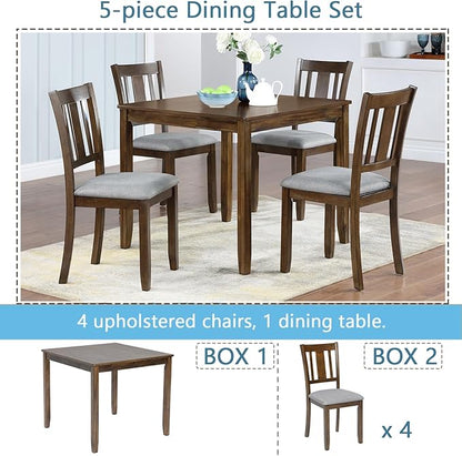 5-Piece Solid Wood Dining Table Set with 4 Upholstered Chairs, Square Dining Table Set for 4, Modern Kitchen and Dining Room Table and Chairs Set of 4, Walnut