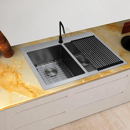 33 X 22 inch Drop in Kitchen Sinks Double Bowl,16 Gauge Stainless Steel 50/50 Double Sink,Top Mount/Drop In Double Kitchen Sink 33 inch