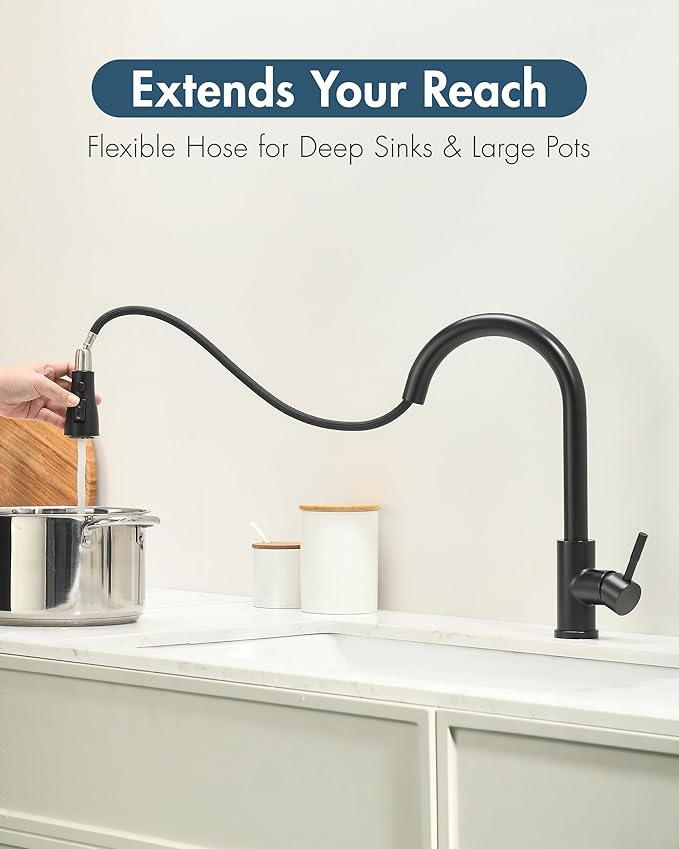 GIMILI Kitchen Faucet with Soap Dispenser Single Hole Kitchen Sink Faucet with Pull Down Sprayer Suitable for Farmhouses RV Laundry Room Outdoor and Campers Matte Black