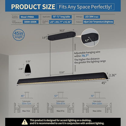 Wood Linear Pendant Light, Dimmable Kitchen Island Lighting with Remote, 30W LED Island Lights for Kitchen, Adjustable Linear Chandelier for Dinning Room Light Fixture (Black, 45inch)