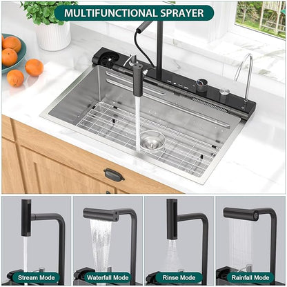 Smart Waterfall Kitchen Sink, 30" Drop-In Single Bowl 16 Gauge 304 Stainless Steel Workstation Sink with Mechanical Control Panel & Pull-Down Faucet for New house Decoration or Renovation
