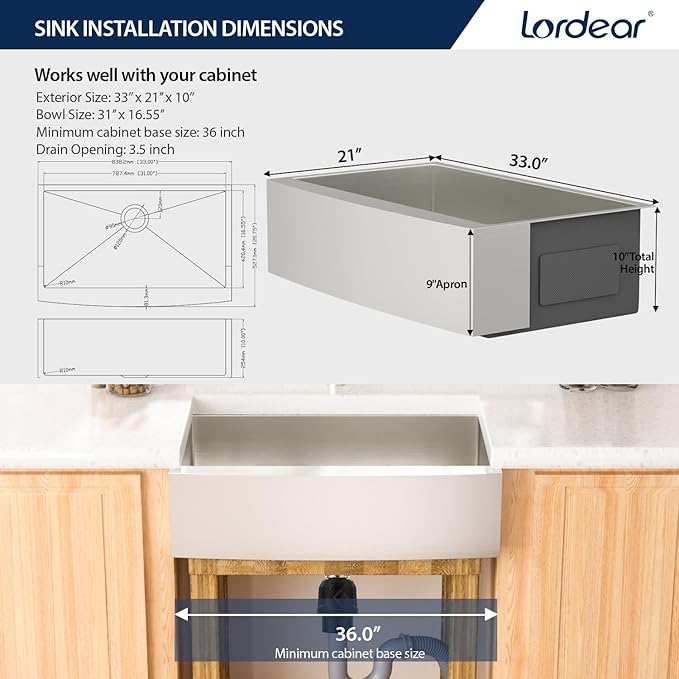 Lordear 33 Inch Farmhouse Kitchen Sink Apron Front 16 Gauge Stainless Steel Single bowl Farmer Sink Single Basin Round Corners 33X21X10 Farm Sinks