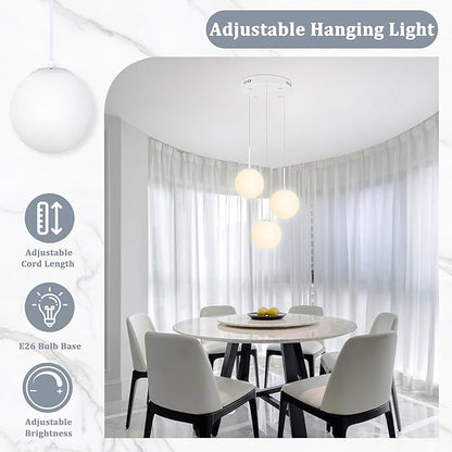 KoKo&Yukina Globe Pendant Light 3 Light White Globe Pendant Lights Kitchen Island Mid Century Light Fixture with Milky White Glass Shade for Dining Room Living Room