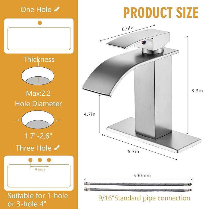 Bathroom Sink Faucet, Waterfall Bathroom Faucet with Pop-up Drain, Supply Hoses and Deck Plate, Suitable for 1 or 3 Holes, Silver