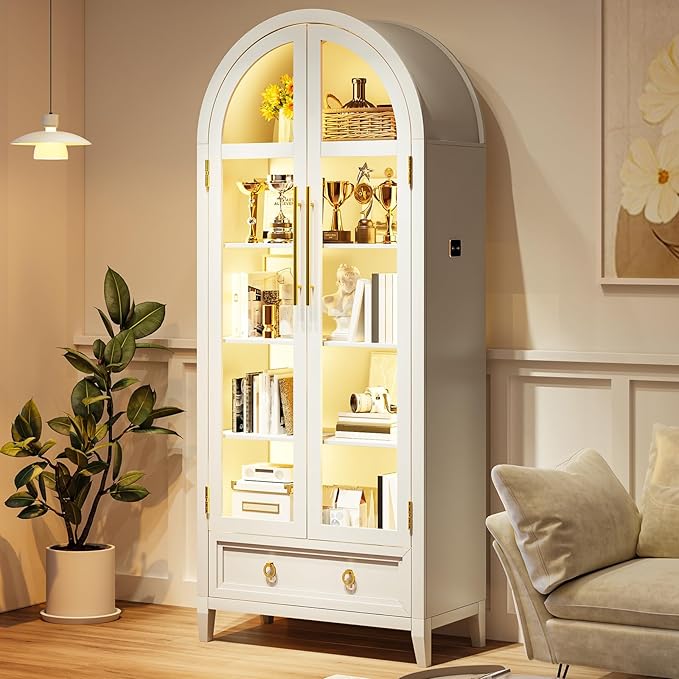 HNEBC Book Shelf with LED Lights, Arched Display Case with Storage Cabinet, Smart File Cabinet with Glass Door, Curio Cabinet with Solid Wood Legs for Home Office/Bedroom Furnniture-White