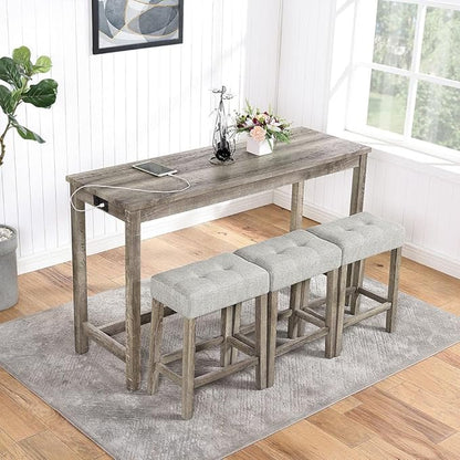 4 Piece Dining Table Set with 3 Stools, Small Kitchen Table Set Kitchen Island Table with Power Outlet, Space Saving Bar Industrial Bar Table and Chairs Set,for Living Dining Game Room,Brown