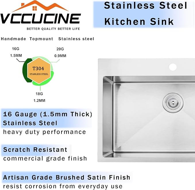 VCCUCINE 28x18 Inch Drop in Kitchen Sink 16 Gauge Top Mount Handmade T304 Brushed Nickel Kitchen Sink,Stainless Steel Single Bowl Workstation Topmount Overmount Sink with Strainer