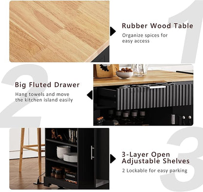 Merax Fluted Kitchen Island with Trash Can Storage Cabinet, Power Outlet, Internal Storage Rack, Rolling Kitchen Storage Cart on 5 Wheels with 3 Drawer, 3 Open Side Racks, Black