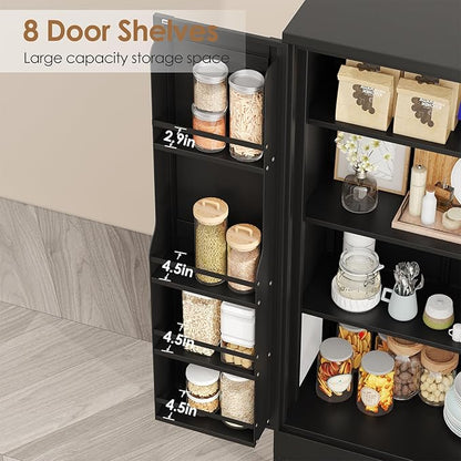 PAOFIN 47" Kitchen Pantry Cabinet, Metal Storage Cabinet with 3 Adjustable Layer Shelves, 8 Door Shelves, Buffet Sideboard for Living Room, Kitchen, Black
