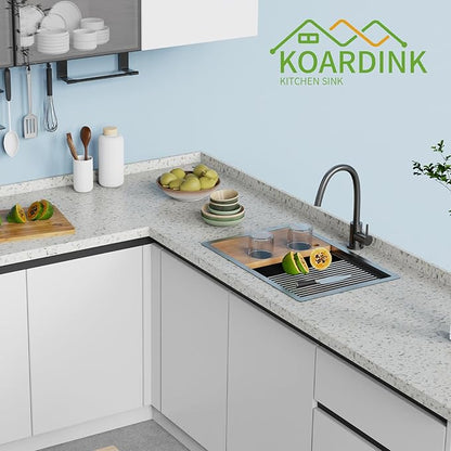 Black Kitchen Sink Workstation, 27x18 In Stainless Steel Drop In Kitchen Sink Modern Undermount Single Bowl Kitchen Sink Accessory Combo-SS Grid,Drying Rack,Cutting Board,Sink Clip,Drain Strainer Set