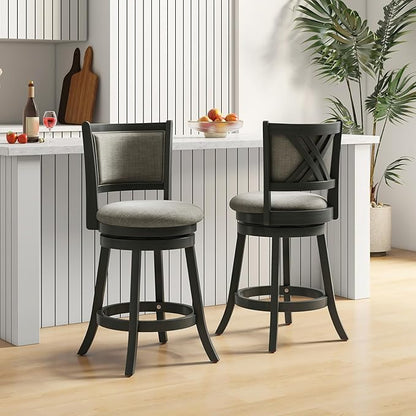 Giantex Swivel Counter Height Bar Stools Set of 2, 26.5" Upholstered Vintage Barstools w/Back, Linen Seat, Footrest, Farmhouse Wooden Counter Height Chairs for Kitchen Island Dining Room, Grey