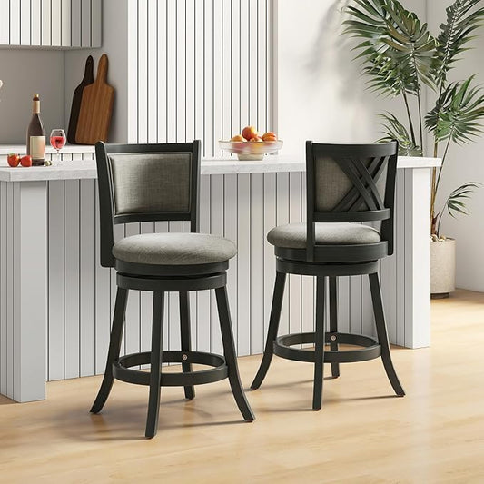 Giantex Swivel Counter Height Bar Stools Set of 2, 26.5" Upholstered Vintage Barstools w/Back, Linen Seat, Footrest, Farmhouse Wooden Counter Height Chairs for Kitchen Island Dining Room, Grey