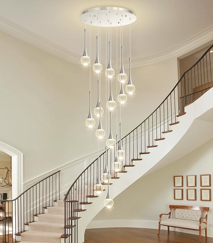 16 Light High Ceiling Crystal Chandelier Dimmable LED Pendant Lights with Remote Adjustable Chandeliers for Foyer Staircase Living Room Sivler