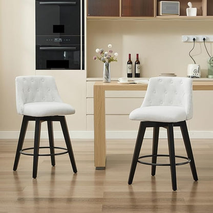 25" Swivel Bar Stools Set of 2-Modern Counter Height Chairs with Linen Upholstery&Button Tufted Back, Solid Wood Frame Barstools for Kitchen Island