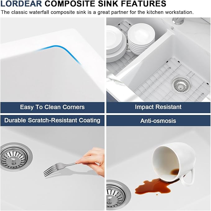 Lordear 33 Inch Granite Composite Kitchen Sink Double Bowl 33"X19" White Undermount 50/50 Quartz Sink With Ledge Classic Under Counter Basin