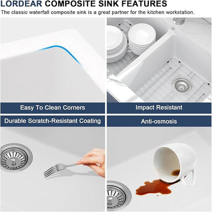 Lordear 33 Inch Granite Composite Kitchen Sink Double Bowl 33"X19" White Undermount 50/50 Quartz Sink With Ledge Classic Under Counter Basin