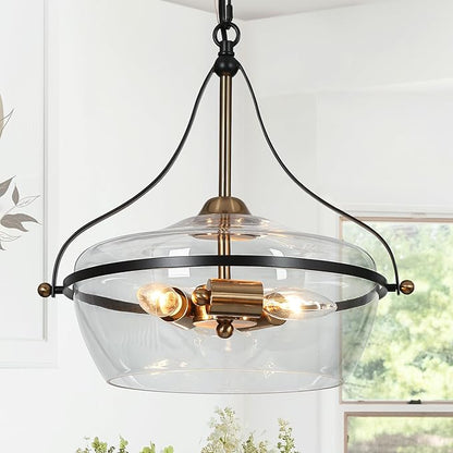 KSANA Black and Gold Chandelier, 3-Light Mid-Century Modern Pendant Lighting Fixture with Clear Glass and Electroplated Brass Accents for Dining Room, Kitchen and Bedroom
