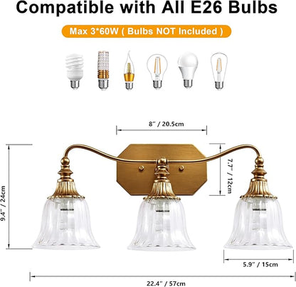 LmnLvn Gold Bathroom Vanity Light Fixture, 3 Lights Bathroom Lighting Matte Antique Brass Finish with Crystal Glass Shade, Gold Vintage Vanity Light for Bathrooms
