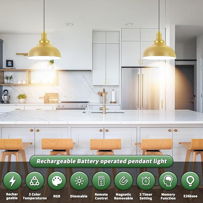 Battery Operated Pendant Lights, 2 Pack Rechargeable Pendant Light with Remote, Gold Pendant Light Fixtures for Kitchen island, Modern Industrial hanging Lights for Dining Room Hallway Bedroom