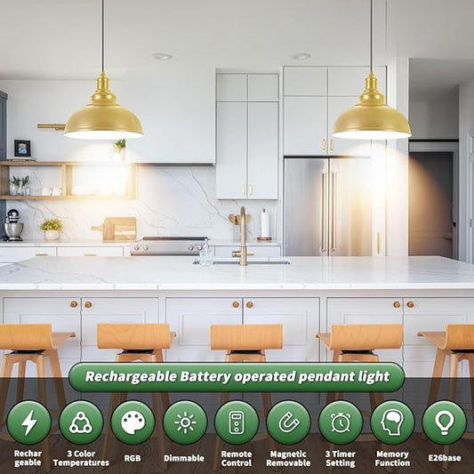 Battery Operated Pendant Lights, 2 Pack Rechargeable Pendant Light with Remote, Gold Pendant Light Fixtures for Kitchen island, Modern Industrial hanging Lights for Dining Room Hallway Bedroom