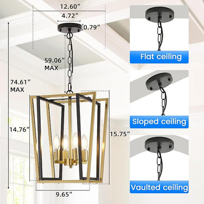 WJShome Industrial 4 Lights Chandelier, Black and Gold Lantern Ceiling Light Fixtures, Adjustable Height Farmhouse Geometric Hanging Light for Kitchen Island, Dining Room, Entryway