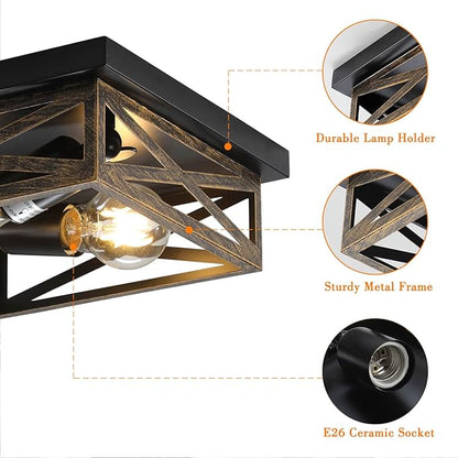 Rustic Flush Mount Ceiling Light Fixture, Modern Farmhouse Light Fixture, Kitchen Hallway Light Fixtures for Bedroom,Dining Room Entryway,Industrial Metal Cage Ceiling Light