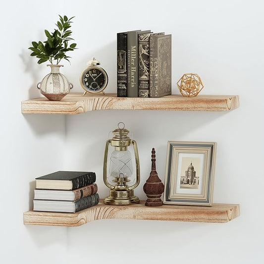 SAUMONIERES Corner Floating Shelves 24 Inch Wall Mount Shelf Solid Wood for Bedroom Bathroom Kitchen Storage Set of 2, Rustic Torched