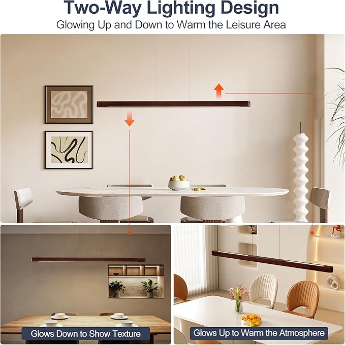 39" Wood Linear Pendant Light Fixtures, Modern 24W LED Dimmable Pendant Lights Kitchen Island, Wood Linear Hanging Chandelier for Dining Room, Kitchen Island, Bar, Pool Table-Walnut