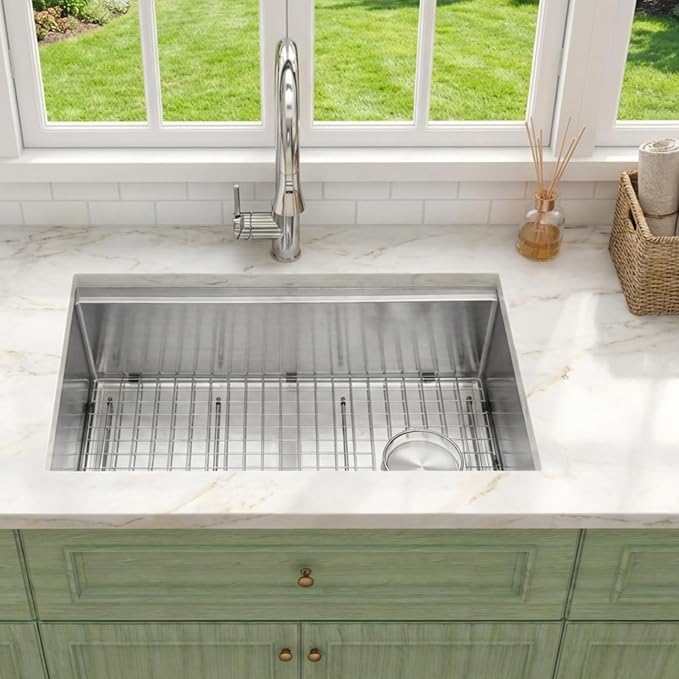 Undermount Kitchen Sink 31 inch,16 Gauge Stainless Steel Workstation Sinks,Large Single Bowl Kitchen Sink Offset Drain (31" X 18")